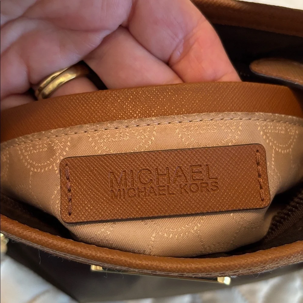 Michael Kors Two Tone Brown Crossbody Bag with Leather and Brass Accents Small